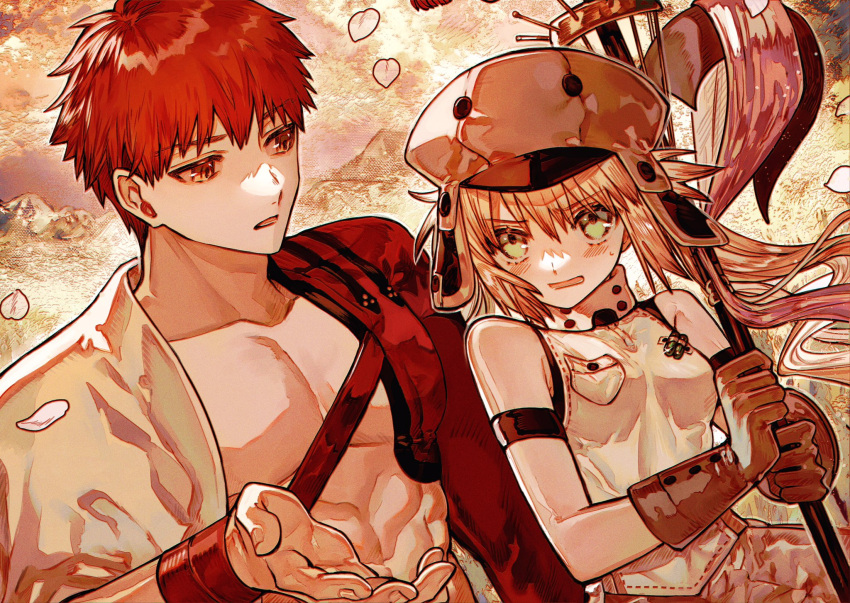 1boy 1girl albino_(a1b1n0623) artoria_pendragon_(all) artoria_pendragon_(caster)_(fate) bangs bare_shoulders blonde_hair blush emiya_shirou falling_petals fate/grand_order fate_(series) gloves green_eyes hat highres holding igote limited/zero_over looking_at_another open_mouth outstretched_hand petals red_hair sengo_muramasa_(fate) staff sweatdrop toned toned_male upper_body v-shaped_eyebrows wristband yellow_eyes