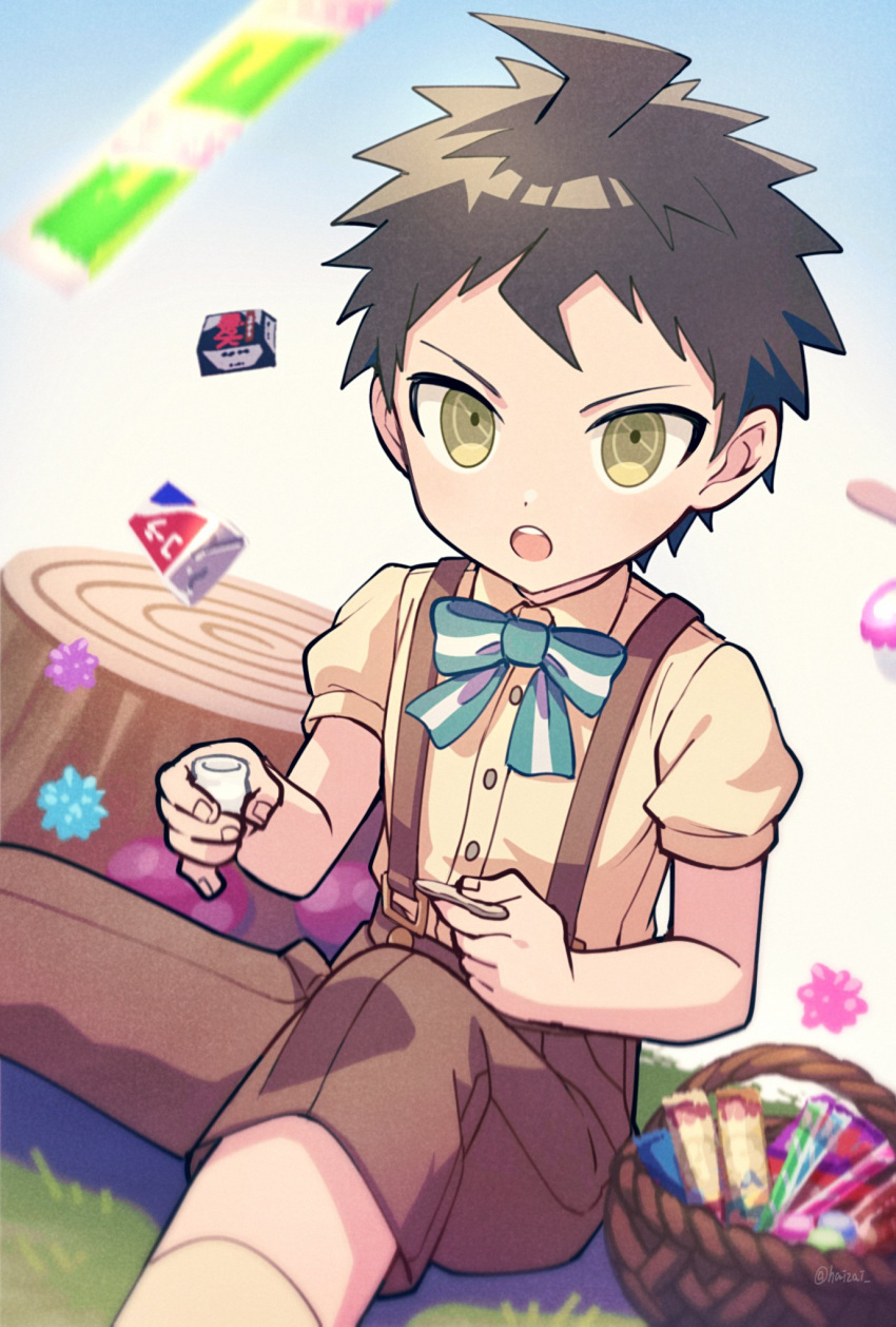 1boy :o ahoge bangs basket blush bow bowtie brown_hair brown_pants brown_shirt child collared_shirt danganronpa_(series) danganronpa_2:_goodbye_despair dress_shirt feet_out_of_frame gradient gradient_background green_bow grey_background haizai highres hinata_hajime holding looking_at_viewer male_focus pants shirt short_hair short_sleeves shorts sitting solo striped striped_bow suspenders tree_stump upper_teeth v-shaped_eyebrows younger