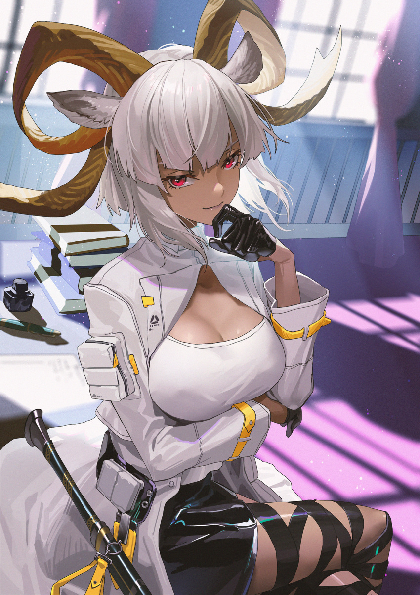 1girl animal_ears arknights arm_under_breasts bangs black_gloves black_ribbon black_skirt book breasts carnelian_(arknights) closed_mouth commentary dark-skinned_female dark_skin day feet_out_of_frame gloves goat_ears goat_girl goat_horns hand_to_own_mouth hand_up highres horns indoors jacket large_breasts leg_ribbon light_particles long_sleeves looking_at_viewer open_clothes open_jacket red_eyes ribbon shirt short_hair sitting skirt smile solo ttk_(kirinottk) white_hair white_jacket white_shirt window