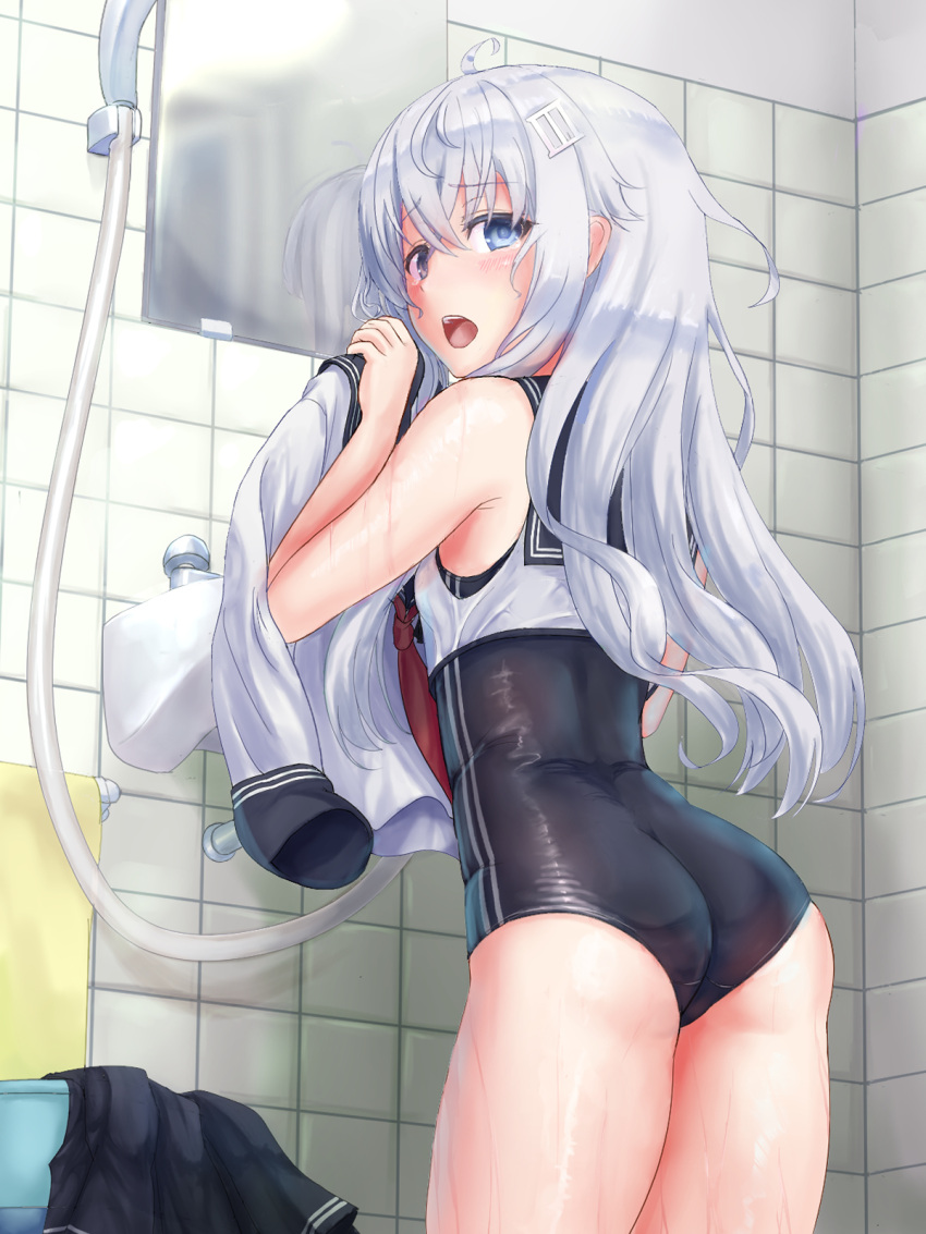 1girl ahoge alternate_costume ass bathroom blue_eyes blush commentary_request cosplay em_s eyebrows_visible_through_hair hair_ornament hairclip hibiki_(kancolle) highres indoors kantai_collection long_hair looking_at_viewer looking_back mirror one-piece_swimsuit open_mouth ro-500_(kancolle) ro-500_(kancolle)_(cosplay) sailor_collar school_swimsuit school_uniform shower_head silver_hair solo swimsuit swimsuit_under_clothes tile_wall tiles wet wet_clothes