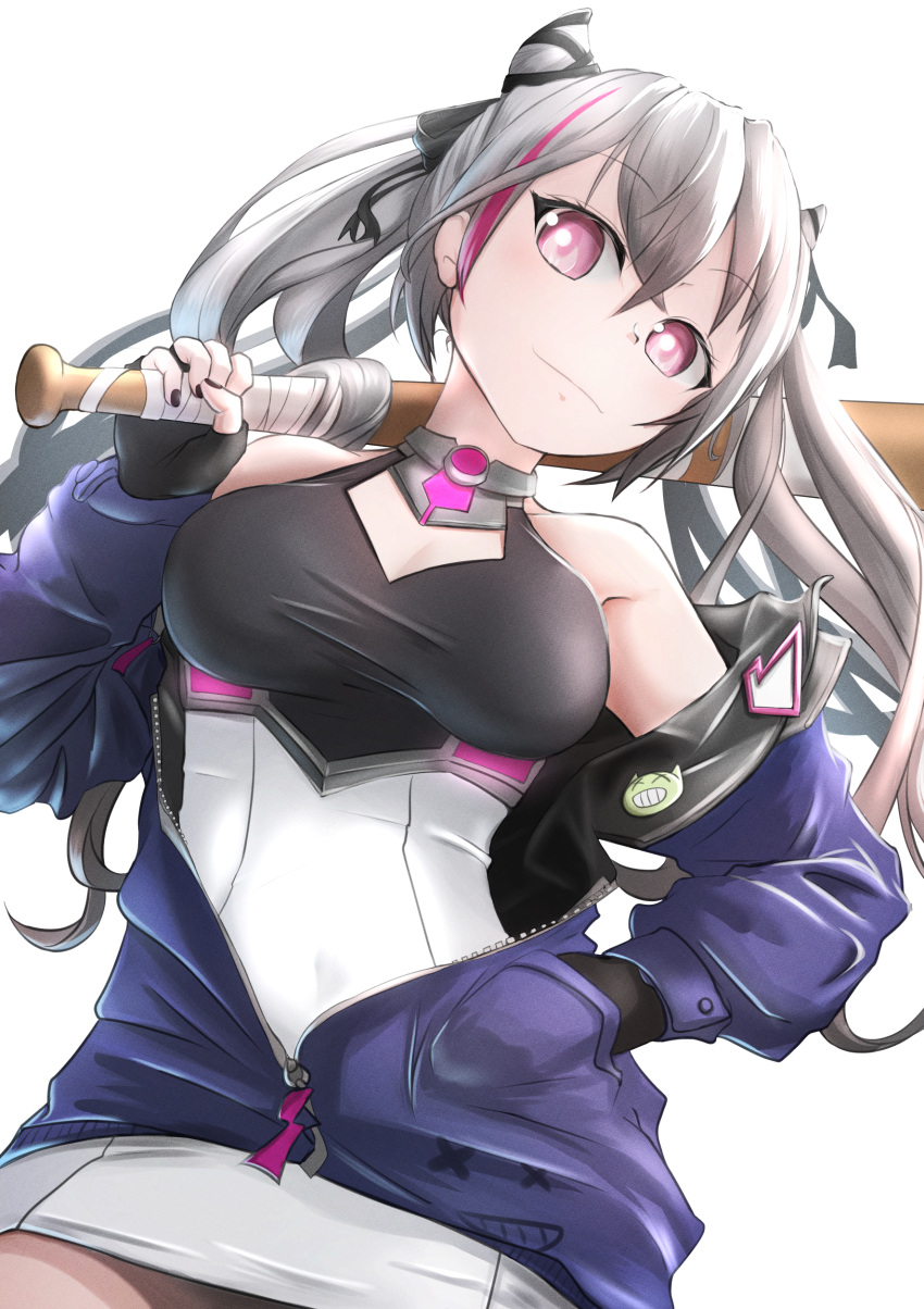 1girl absurdres azur_lane badge bangs bare_shoulders baseball_bat black_dress black_gloves black_nails black_ribbon blue_jacket breasts button_badge cleavage closed_mouth commentary_request covered_navel cowboy_shot crossed_bangs dress eyebrows_visible_through_hair fingerless_gloves gloves grey_hair gure_(gure5532) hair_between_eyes hair_horns hair_ribbon hand_in_pocket hand_up head_tilt highres holding holding_baseball_bat jacket long_hair long_sleeves looking_at_viewer medium_breasts multicolored_hair off_shoulder partial_commentary partially_unzipped purple_eyes purple_hair ribbon san_francisco_(azur_lane) sidelocks simple_background sleeveless sleeveless_dress solo streaked_hair taut_clothes taut_dress twintails two-tone_dress white_background white_dress