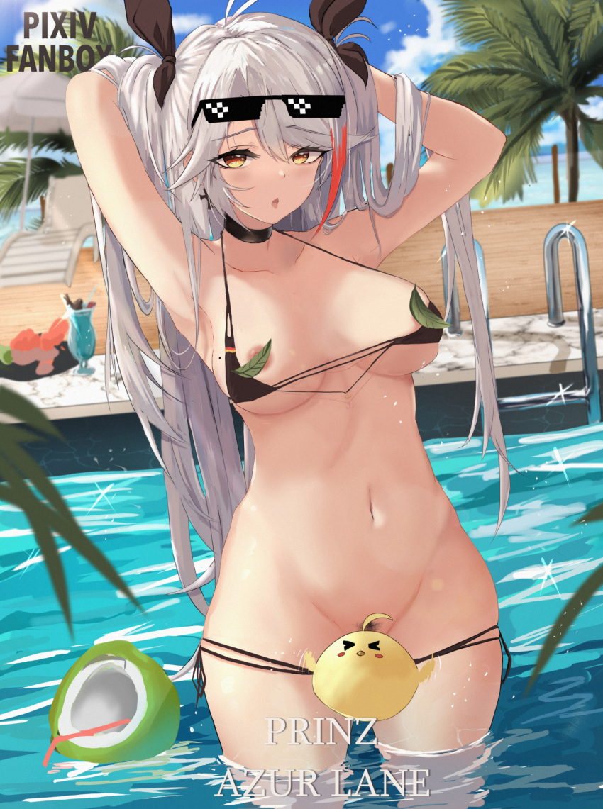 1girl :o absurdres antenna_hair areola_slip areolae arms_up azur_lane bikini breasts caustics censored character_name convenient_censoring copyright_name glint highres honk_(honk379637) long_hair looking_at_viewer manjuu_(azur_lane) medium_breasts multicolored_hair navel novelty_censor official_alternate_costume orange_eyes outdoors palm_tree prinz_eugen_(azur_lane) prinz_eugen_(unfading_smile)_(azur_lane) pubic_hair silver_hair solo streaked_hair sunglasses swimsuit tree twintails very_long_hair wading