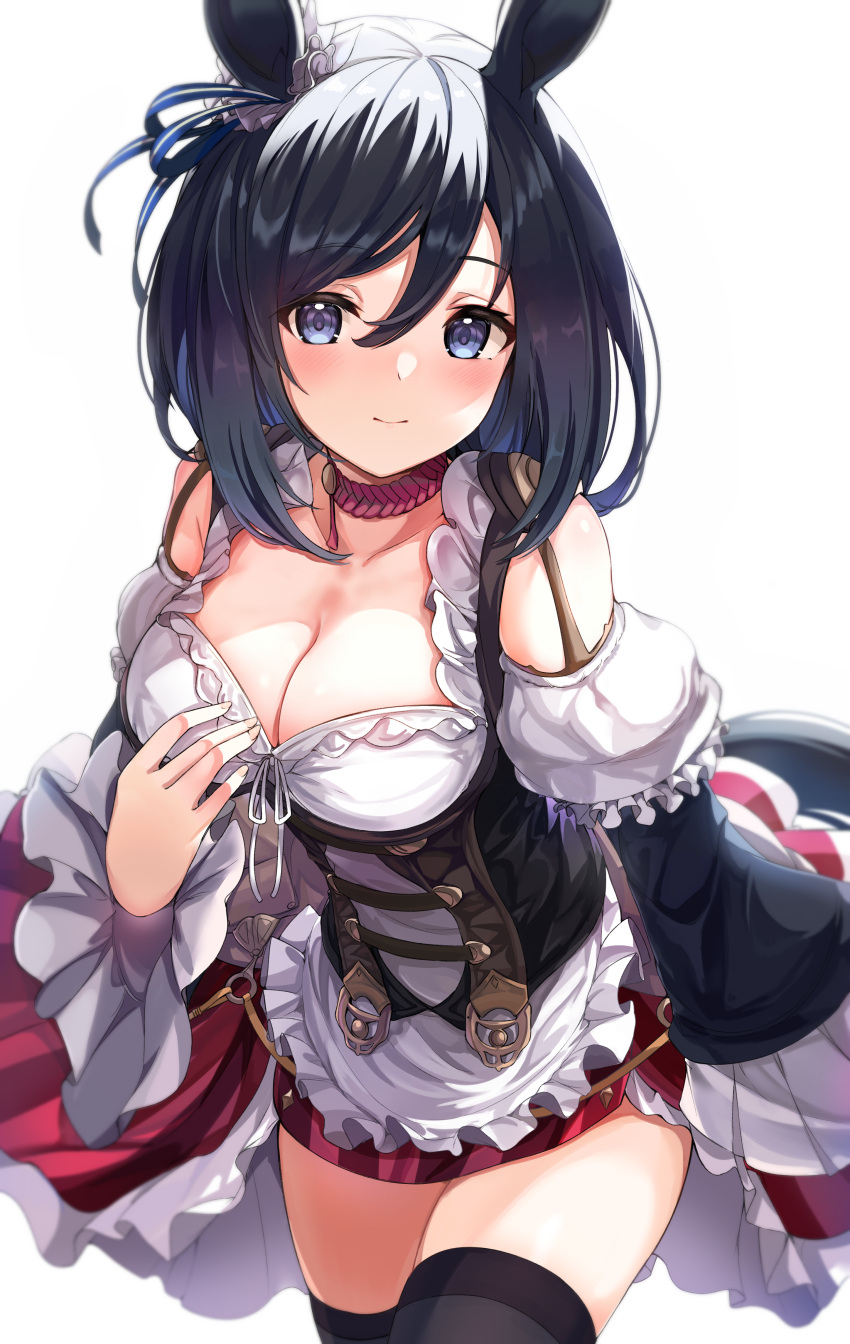 1girl absurdres animal_ears bangs black_hair black_legwear blue_eyes blue_ribbon blush bodice breasts choker cleavage closed_mouth collarbone commentary cowboy_shot detached_sleeves ear_ribbon eishin_flash_(umamusume) eyebrows_visible_through_hair frilled_skirt frills hair_between_eyes hand_on_own_chest highres horse_ears horse_girl horse_tail j_young large_breasts long_sleeves looking_at_viewer medium_hair red_choker red_skirt ribbon shirt simple_background skirt smile solo standing striped tail thighhighs umamusume vertical-striped_skirt vertical_stripes white_background white_shirt