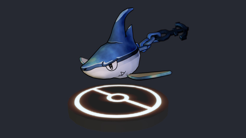 3d anchor cel_shading chain closed_mouth commentary english_commentary full_body grey_background grey_eyes highres ikari_(pokemon) juan_beltran no_humans outline poke_ball_symbol pokemon pokemon_(creature) pokemon_gsc_(prototype) shark sharp_teeth shiny solo teeth