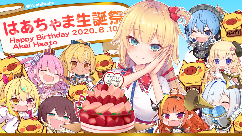 2020 6+girls ahoge akai_haato amane_kanata aqua_eyes artist_name birthday blonde_hair blue_background blue_eyes blue_hair blush blush_stickers bow cake character_name chibi closed_eyes cloud colored_inner_hair commentary_request crown cup dragon_girl dragon_horns dress english_text fang fingerless_gloves food gloves haaton_(akai_haato) hair_bow hair_ornament hair_ribbon hairclip hands_clasped heart heart_hair_ornament heart_in_eye heterochromia highres himemori_luna holding holding_cup holding_microphone hololive horn_bow horns hoshikawa_sara hoshimachi_suisei instrument kiryu_coco long_hair looking_at_viewer microphone multicolored_hair multiple_girls natsuiro_matsuri nijisanji one_eye_closed open_mouth orange_eyes orange_hair outline own_hands_together pink_hair pleated_dress pointy_ears red_eyes ribbon sheep_girl sheep_horns shiranui_flare signpost silver_hair simple_background smile star_(symbol) star_in_eye strawberry_cake streaked_hair symbol_in_eye trumpet tsunomaki_watame white_outline yellow_eyes yoshiheihe