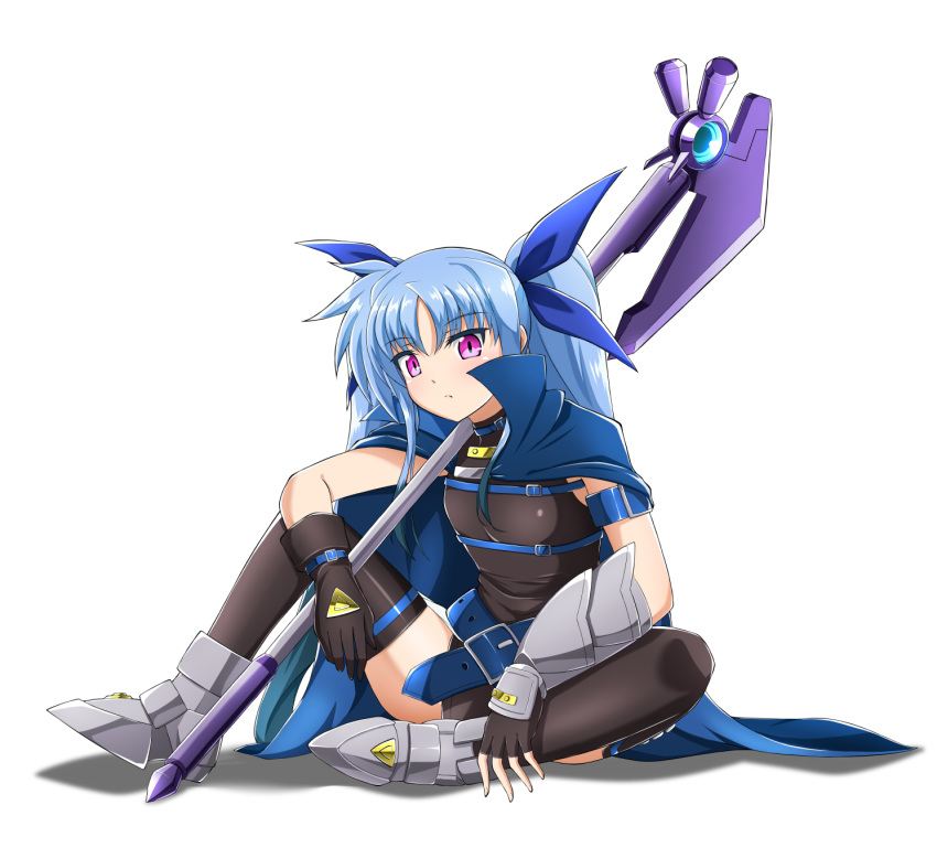 1girl arm_belt armored_boots asymmetrical_gloves bangs black_gloves black_legwear black_leotard blue_cape blue_hair boots cape closed_mouth eyebrows_visible_through_hair fingerless_gloves full_body gloves hair_between_eyes halberd highres holding holding_weapon leotard long_hair lyrical_nanoha mahou_shoujo_lyrical_nanoha mahou_shoujo_lyrical_nanoha_a's mahou_shoujo_lyrical_nanoha_a's_portable:_the_battle_of_aces material-l oshimaru026 polearm red_eyes shiny shiny_clothes shiny_hair shiny_legwear simple_background sitting solo thighhighs twintails very_long_hair weapon white_background