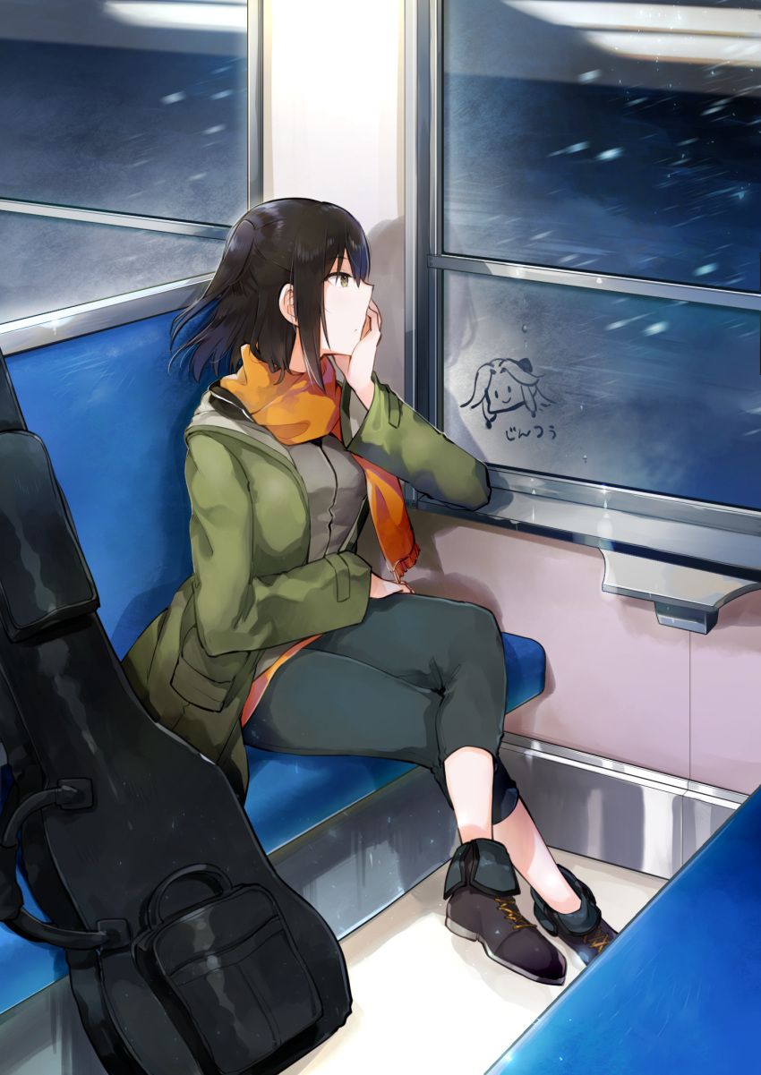 1girl black_footwear black_pants black_shirt breasts brown_eyes brown_hair green_jacket highres jacket kantai_collection long_sleeves nagihashi_koko official_alternate_costume open_clothes open_jacket orange_scarf pants scarf sendai_(kancolle) shirt shoes sitting small_breasts solo train_interior two_side_up window