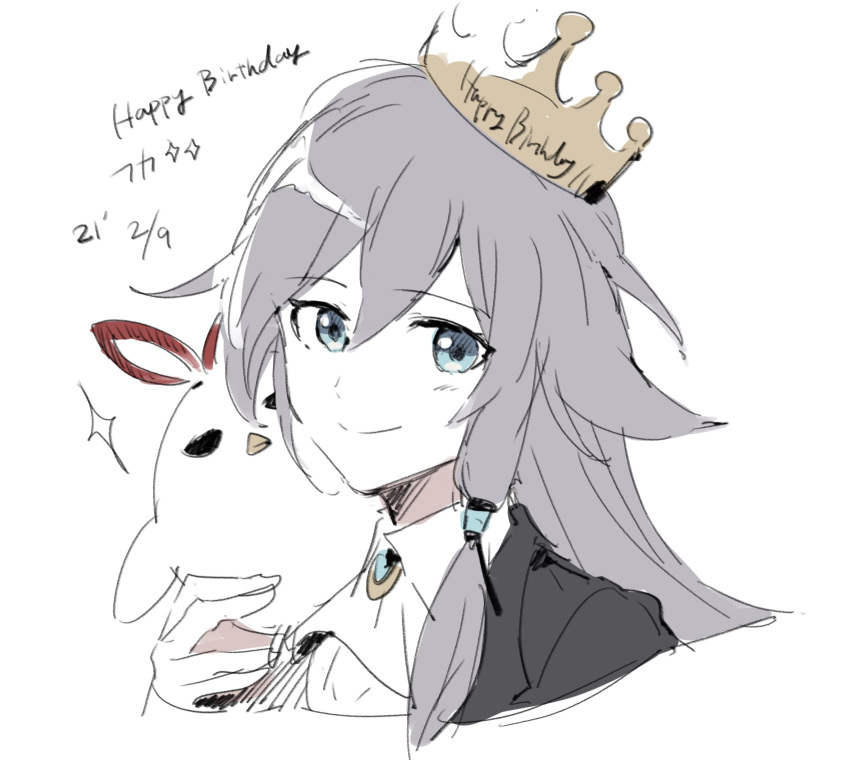 1girl animal asuna_(doruru-mon) bangs bird birthday black_hair blue_eyes chicken closed_eyes crown fu_hua hair_between_eyes happy happy_birthday highres holding holding_animal honkai_(series) honkai_impact_3rd long_hair long_sleeves looking_at_viewer simple_background smile solo white_background