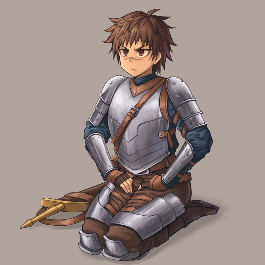 1girl armor boots breastplate brown_footwear brown_gloves brown_hair brown_legwear gloves grey_background highres knee_boots leather_belt original peach_(momozen) scar scar_on_face scar_on_nose seiza short_hair sitting solo strap sword tomboy weapon