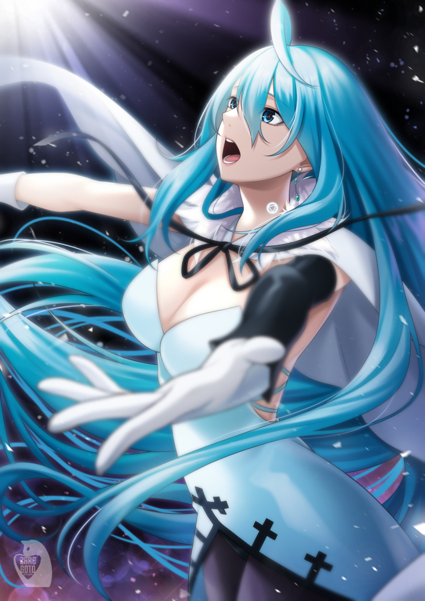 1girl ahoge android black_legwear blue_dress blue_eyes blue_hair breasts cape cleavage commentary_request dress earrings gloves glowing_tattoo highres jewelry large_breasts light_blue_hair long_hair music neck_tattoo open_mouth outstretched_arms singing tattoo tawagoto_dukai_no_deshi very_long_hair vivy vivy:_fluorite_eye's_song white_cape white_gloves