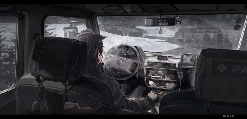 1girl animal_ears brown_eyes brown_hair cat_ears chain_smoking gear_shift gloves gps grey_gloves grey_jacket grey_legwear ground_vehicle haguruma_c highres jacket military military_vehicle motor_vehicle original radio snow steering_wheel tank tank_turret tree vehicle_interior