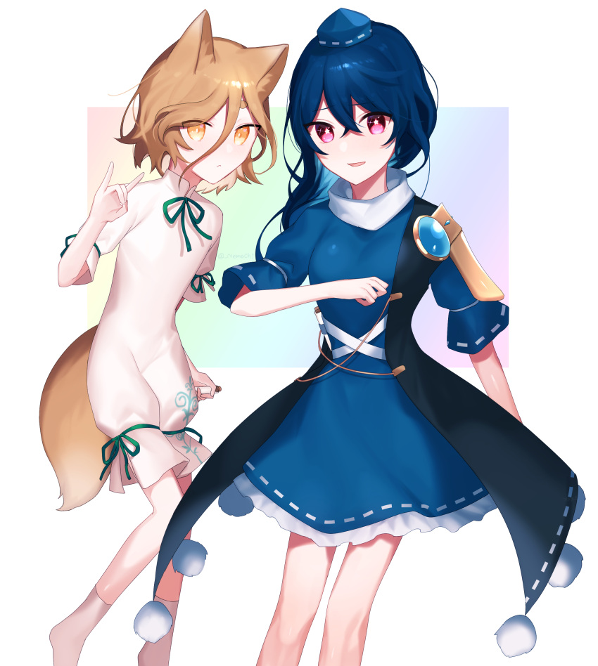 2girls absurdres animal_ears arm_up bangs blonde_hair blue_dress blue_hair blue_headwear blue_sleeves bow closed_mouth dress eyebrows_visible_through_hair eyes_visible_through_hair fox_ears fox_tail gem gradient gradient_background green_bow hair_between_eyes hand_up hat highres iizunamaru_megumu jewelry jumpsuit kudamaki_tsukasa looking_at_viewer medium_hair multiple_girls nemachi open_mouth pink_eyes pom_pom_(clothes) rainbow_background short_sleeves simple_background smile socks standing tail touhou unconnected_marketeers white_background white_jumpsuit white_legwear white_sleeves yellow_eyes