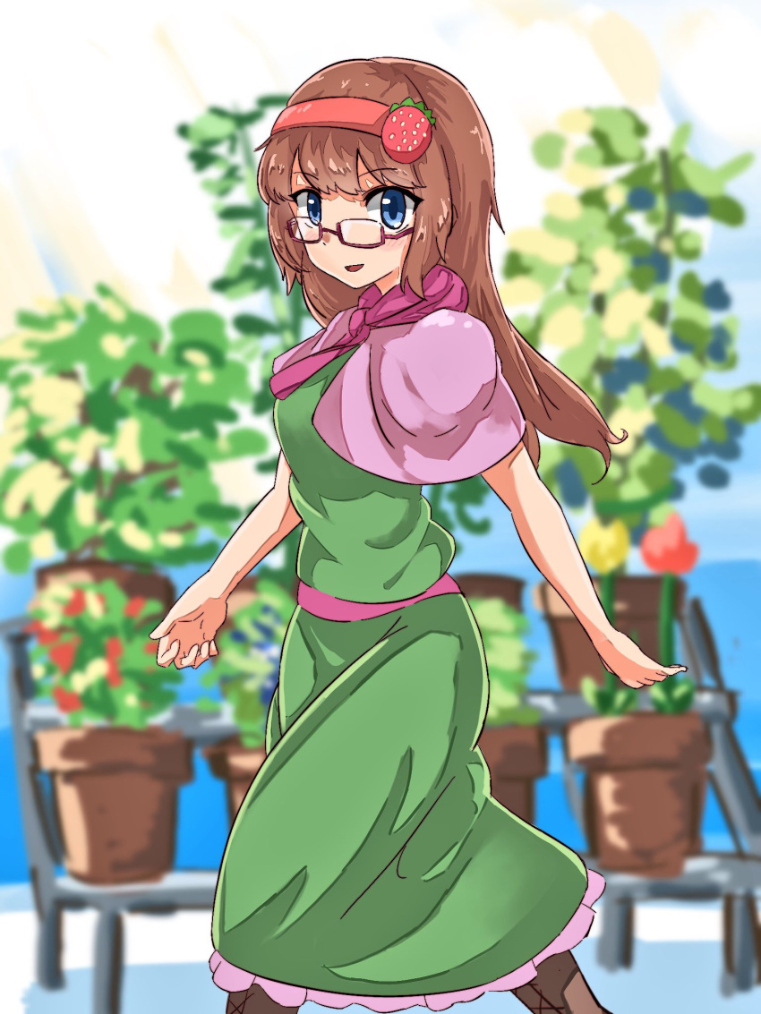 1girl bangs blue_eyes blurry blurry_background boots brown_footwear brown_hair capelet commentary_request cookie_(touhou) dress eyebrows_visible_through_hair feet_out_of_frame flower food-themed_hair_ornament glasses green_dress hair_ornament hairband highres ichigo_(cookie) long_hair looking_at_viewer neckerchief nob1109 open_mouth pink_capelet pink_neckwear pink_sash plant potted_plant red-framed_eyewear red_flower red_hairband sash semi-rimless_eyewear solo strawberry_hair_ornament under-rim_eyewear yellow_flower