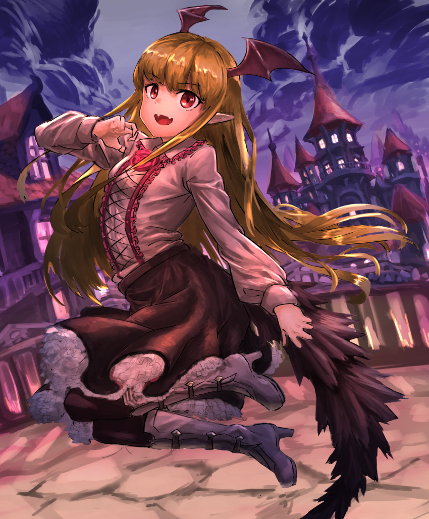 1girl bangs bat_wings black_legwear black_skirt blonde_hair blush boots castle collared_shirt commentary_request eyebrows_visible_through_hair fangs flower frilled_skirt frills full_body granblue_fantasy grey_footwear head_wings high_heel_boots high_heels highres long_hair long_sleeves looking_at_viewer nob1109 open_mouth pantyhose pointy_ears red_eyes red_flower red_rose rose shingeki_no_bahamut shirt skin_fangs skirt smile solo vampy white_shirt wings