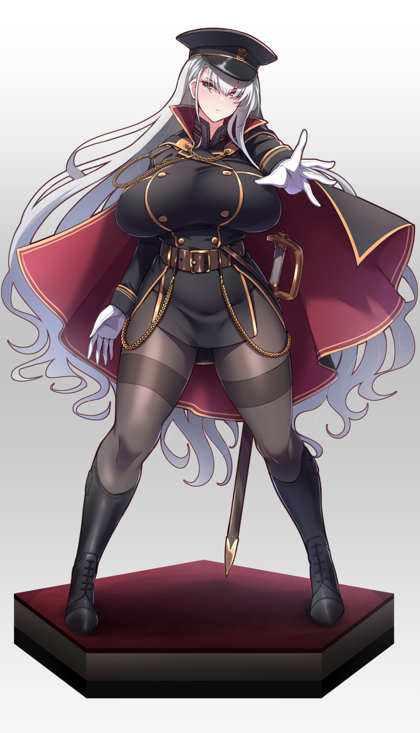 1girl absurdres belt black_clothes black_legwear boots breasts cape gloves hat highres huge_breasts knee_boots konoshige_(ryuun) long_hair looking_at_viewer military military_hat military_jacket military_uniform original pantyhose red_eyes riding_boots sheath silver_hair simple_background slender_waist solo sword thick_thighs thighband_pantyhose thighs uniform very_long_hair weapon white_background wide_hips