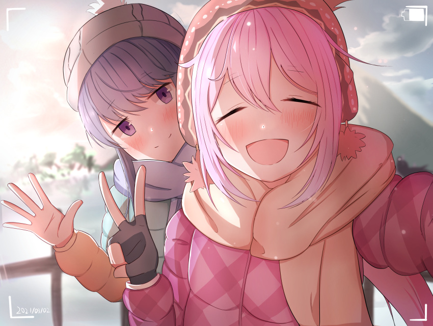 2girls :d bangs battery_indicator blue_hair blurry blurry_background blush closed_eyes closed_mouth coat commentary dated dfd english_commentary fingerless_gloves gloves hair_between_eyes hand_up hat highres kagamihara_nadeshiko long_hair long_sleeves looking_at_viewer multiple_girls open_hand open_mouth orange_scarf outdoors pink_coat pink_hair purple_eyes purple_scarf scarf selfie shima_rin smile sunlight upper_body v viewfinder winter_clothes winter_coat yurucamp