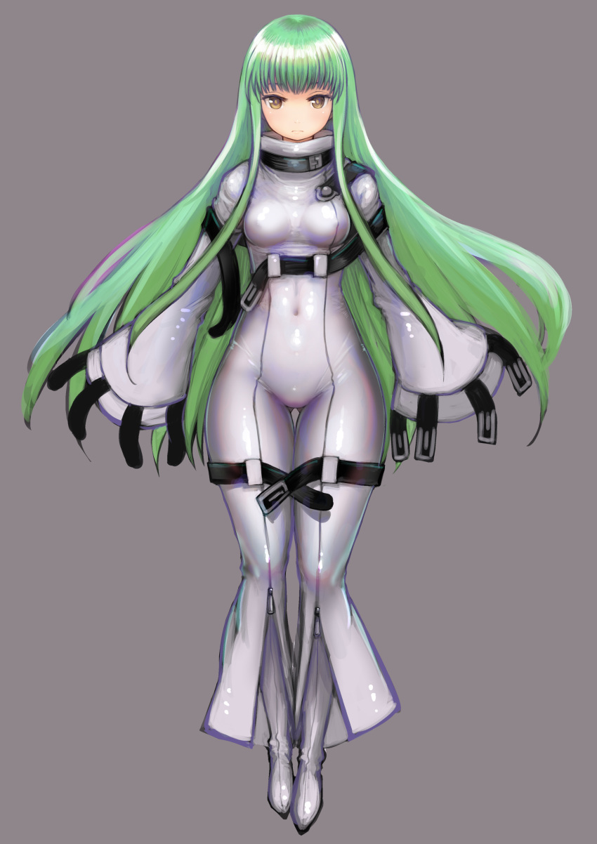 1girl absurdres ass_visible_through_thighs bangs breasts bright_pupils brown_eyes brown_pupils c.c. closed_mouth code_geass covered_navel covered_nipples eyebrows_visible_through_hair facing_viewer frown full_body green_hair grey_background highres johan_(johan13) long_hair long_sleeves looking_at_viewer sidelocks simple_background sleeves_past_fingers sleeves_past_wrists small_breasts solo straitjacket thigh_gap very_long_hair