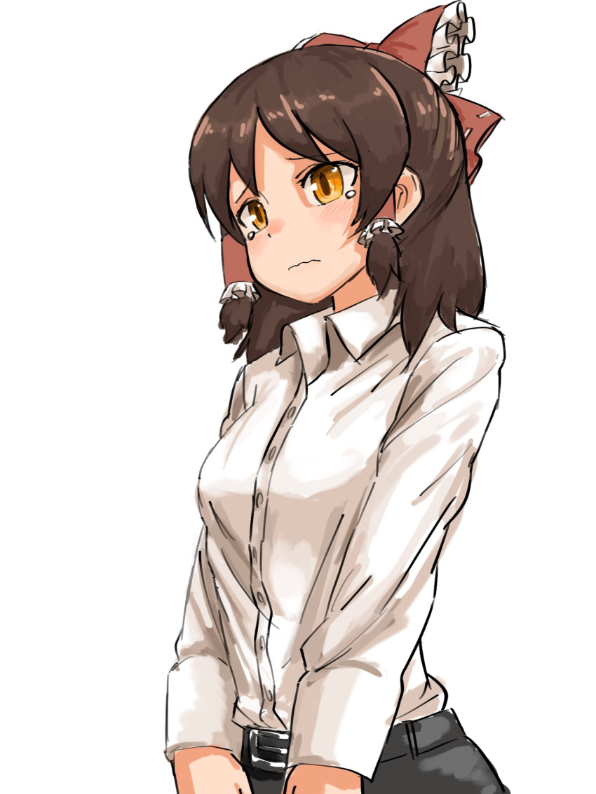 1girl bangs black_skirt bow breasts brown_eyes brown_hair closed_mouth collared_shirt commentary_request cookie_(touhou) eyebrows_visible_through_hair frilled_bow frills hair_bow hakurei_reimu highres looking_to_the_side medium_breasts medium_hair nob1109 office_lady red_bow sananana_(cookie) shirt simple_background skirt solo tearing_up touhou upper_body wavy_mouth white_background white_shirt