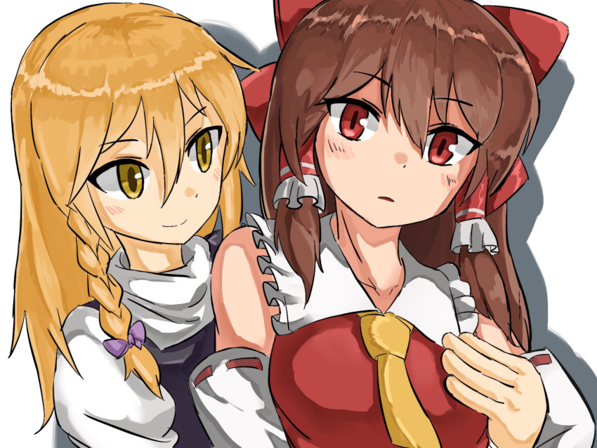 2girls bangs black_vest blonde_hair blush bow braid brown_hair closed_mouth commentary_request cookie_(touhou) detached_sleeves eyebrows_visible_through_hair frilled_shirt_collar frills hair_between_eyes hair_bow hakurei_reimu highres kirisame_marisa long_hair looking_at_viewer multiple_girls necktie no_hat no_headwear nob1109 open_mouth purple_bow red_bow red_eyes red_shirt reu_(cookie) ribbon-trimmed_sleeves ribbon_trim shirt side_braid simple_background single_braid sleeveless sleeveless_shirt smile touhou upper_body uzuki_(cookie) vest white_background white_shirt white_sleeves yellow_eyes yellow_neckwear