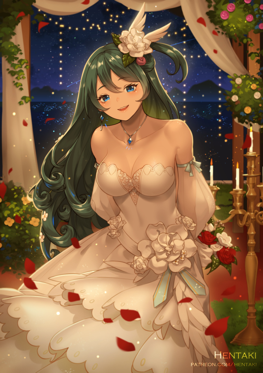 1girl :d arms_behind_back artist_name bangs bare_shoulders blue_eyes breasts candle candlestand cleavage collarbone commentary detached_sleeves dragalia_lost dress earrings english_commentary eyebrows_visible_through_hair falling_star fire flower green_hair hair_between_eyes hair_flower hair_ornament head_tilt hentaki highres indoors jewelry long_hair long_sleeves looking_at_viewer medium_breasts night night_sky odetta_(dragalia_lost) one_side_up open_mouth pendant petals pink_flower pink_rose puffy_long_sleeves puffy_sleeves red_flower red_rose rose sky smile solo star_(sky) starry_sky strapless strapless_dress upper_teeth very_long_hair watermark web_address wedding_dress white_dress white_flower white_rose white_sleeves yellow_flower yellow_rose