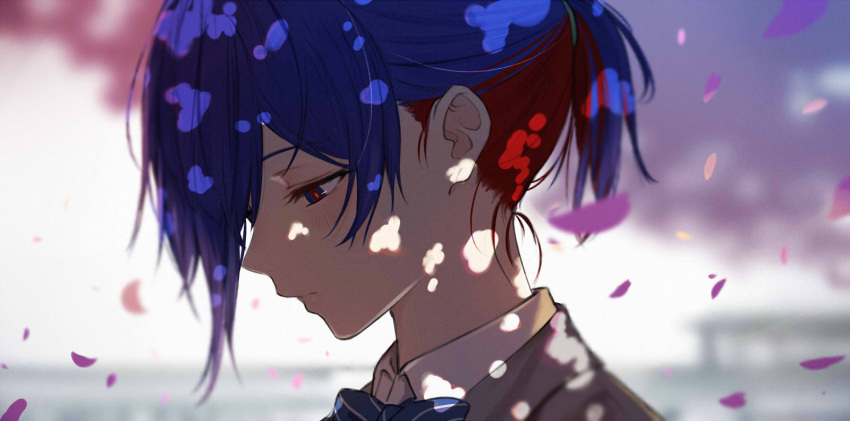 1girl blue_hair blurry blush bow bowtie cherry_blossoms close-up collared_shirt depth_of_field expressionless highres isshiki_(ffmania7) kamitsubaki_studio multicolored multicolored_eyes multicolored_hair petals ponytail red_hair rim_(kamitsubaki_studio) shirt short_hair solo two-tone_hair upper_body virtual_youtuber yellow_pupils