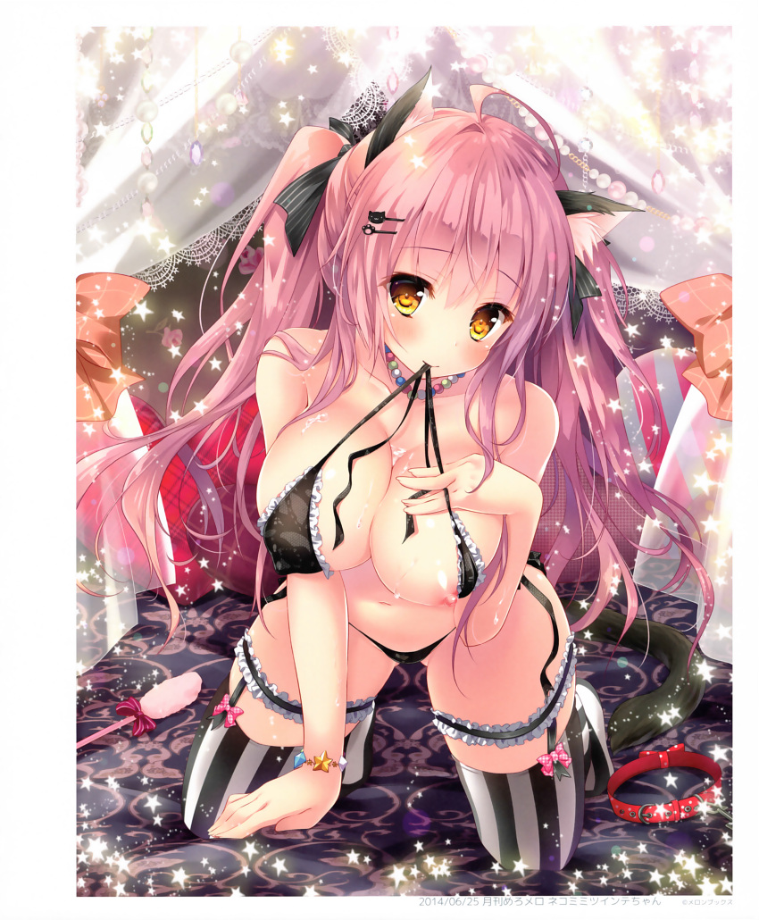 animal_ears bra breast_hold breasts erect_nipples kino kinokonomi lingerie nekomimi nipples pantsu stockings string_panties tail thighhighs