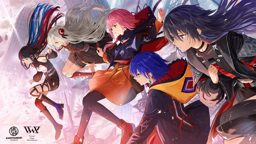 5girls asymmetrical_legwear blue_hair boots building capelet choker city coat colored_inner_hair detached_sleeves earrings expressionless floating hair_ornament hand_on_own_chest harusaruhi highres hood hood_down hooded_capelet hooded_jacket isekai_joucho isshiki_(ffmania7) jacket jewelry kaf_(kamitsubaki_studio) kamitsubaki_studio knee_boots koko_(kamitsubaki_studio) light_particles long_hair multicolored multicolored_eyes multicolored_hair multiple_girls official_art open_clothes open_jacket pantyhose parted_lips pink_hair red_footwear red_hair rim_(kamitsubaki_studio) ruins science_fiction short_hair shorts side_ponytail sidelocks silver_hair two-tone_hair virtual_youtuber