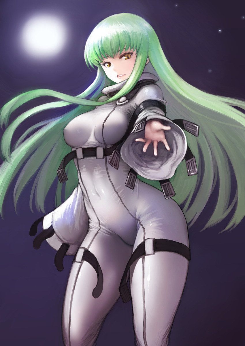 1girl bangs breasts c.c. code_geass covered_navel covered_nipples floating_hair full_moon green_hair highres johan_(johan13) long_hair long_sleeves medium_breasts moon outdoors outstretched_arm sidelocks sky sleeves_past_fingers sleeves_past_wrists solo star_(sky) starry_sky straitjacket very_long_hair yellow_eyes