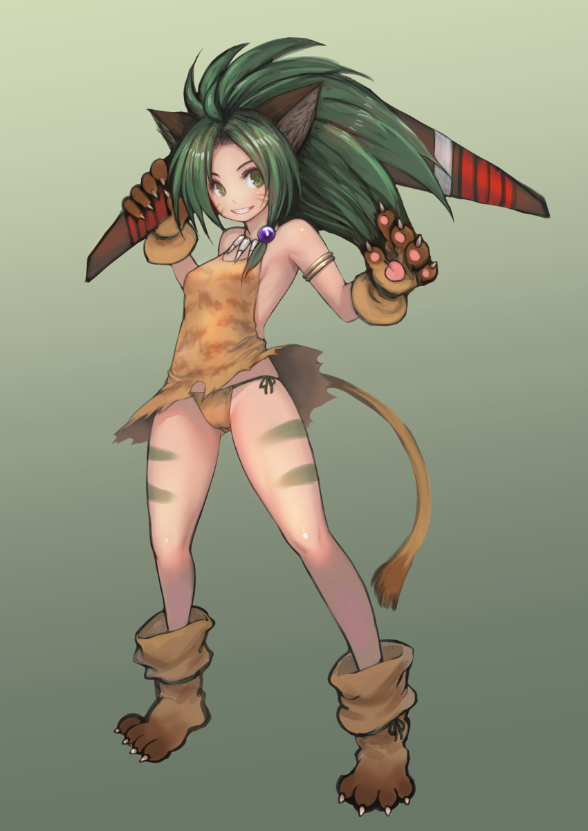 1girl ahoge animal_ears animal_print armlet bare_shoulders big_hair boomerang breasts cameltoe cham_cham facial_mark gloves gradient gradient_background green_background green_eyes green_hair grin hair_intakes highres holding johan_(johan13) legs_apart long_hair orange_panties panties paw_gloves paw_shoes paws samurai_spirits shoes side-tie_panties sideboob small_breasts smile solo standing tail teeth tiger_ears tiger_girl tiger_paws tiger_print tiger_tail underwear whisker_markings