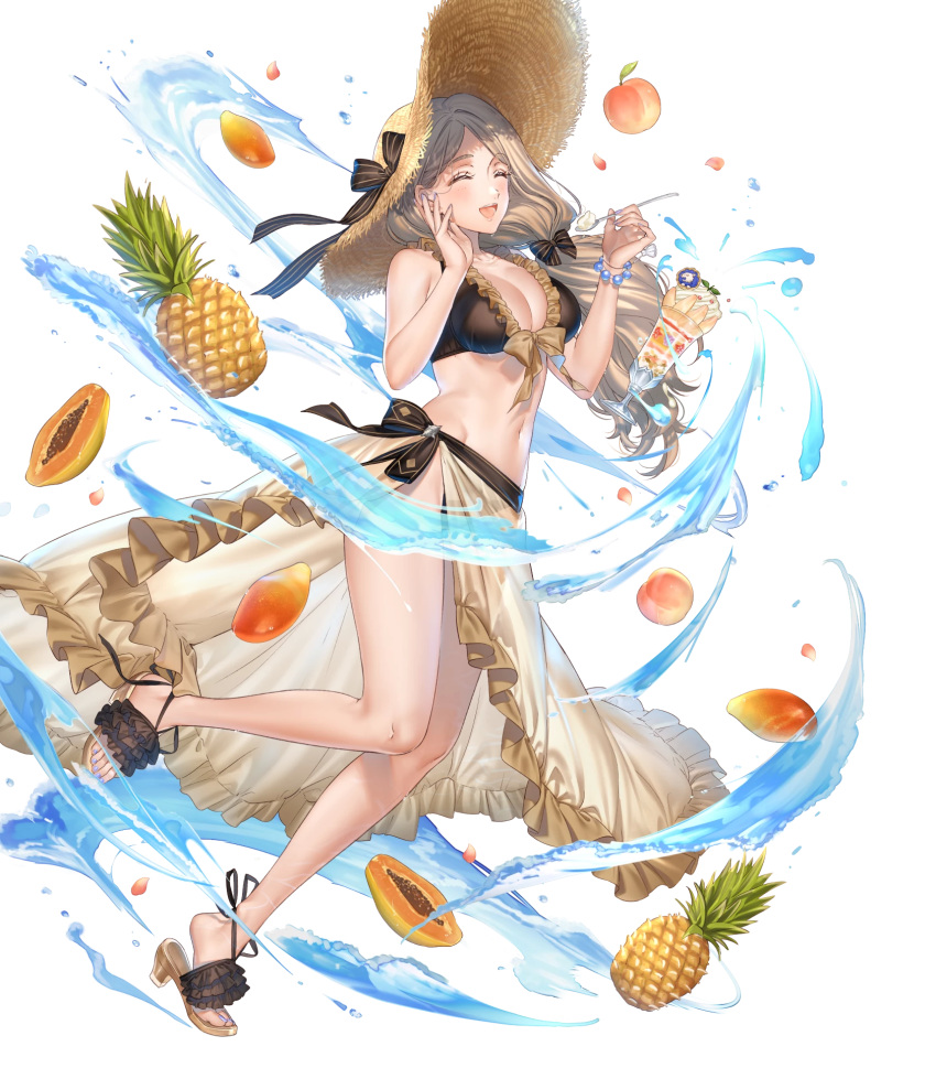 1girl bangs bare_shoulders bikini blonde_hair blush bracelet breasts cleavage closed_eyes collarbone cup fingernails fire_emblem fire_emblem:_three_houses fire_emblem_heroes floating floating_object food frilled_bikini frills fruit full_body hat highres holding jewelry kippu leg_up long_hair mango mercedes_von_martritz nail_polish navel official_art open_mouth pineapple sandals see-through smile spoon stomach straw_hat swimsuit toenails transparent_background water