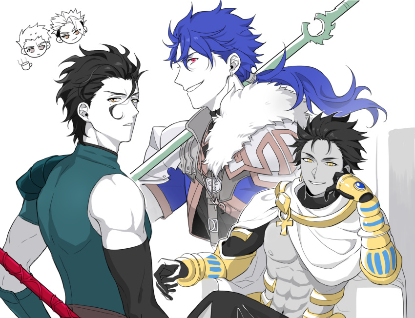 3boys achilles_(fate) archer_(fate) black_hair blue_hair chibi cu_chulainn_(fate)_(all) cu_chulainn_(fate/prototype) dark-skinned_male dark_skin fate/apocrypha fate/grand_order fate/prototype fate/prototype:_fragments_of_blue_and_silver fate/stay_night fate/zero fate_(series) gae_dearg_(fate) hair_strand lancer_(fate/zero) long_hair male_focus mikkat mole multiple_boys ozymandias_(fate) polearm ponytail red_eyes spear weapon yellow_eyes