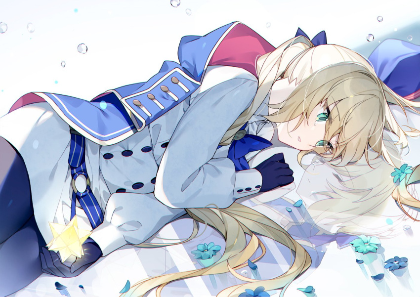 1girl artoria_pendragon_(all) artoria_pendragon_(caster)_(fate) bangs blonde_hair blue_bow blue_cape blue_flower blue_gloves blue_headwear blue_legwear blue_neckwear bow bowtie bubble buttons cape closed_eyes closed_mouth crying crying_with_eyes_open dress eyebrows_visible_through_hair fate/grand_order fate/stay_night fate_(series) flower gloves green_eyes hair_bow hat holding hood hood_down hooded_cape kamiowl long_hair low_twintails lying pantyhose parted_lips petals reflection saber saint_quartz short_hair sidelocks tears teeth twintails very_long_hair white_dress