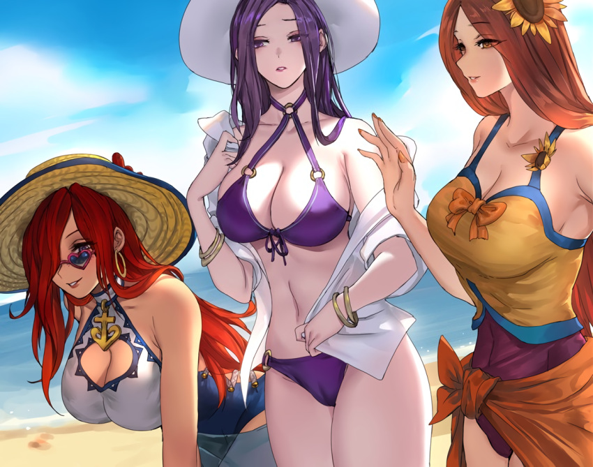 beach bikini breasts brown_eyes brown_hair caitlyn cameltoe cleavage clouds cropped flowers hat league_of_legends leona_(league_of_legends) long_hair pd_(pdpdlv1) purple_eyes purple_hair red_hair sarah_fortune shirt sky sunflower sunglasses swimsuit third-party_edit waifu2x water wristwear