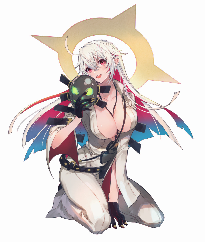 1girl ahoge arm_support bangs belt between_breasts black_gloves bodysuit breasts cleavage collarbone commentary_request full_body gloves guilty_gear guilty_gear_xrd highres holding holding_mask jack-o'_valentine long_sleeves looking_at_viewer loose_belt mask medium_breasts multicolored_hair open_mouth oro_(sumakaita) purple_eyes red_hair shiny shiny_skin sitting skin_tight smile solo two-tone_hair white_bodysuit white_hair wide_sleeves