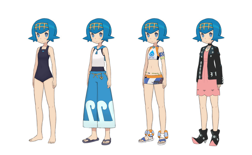 1girl ankle_boots armlet bare_arms barefoot belly_chain bike_shorts black_choker black_footwear black_jacket blue_eyes blue_hair blue_pants blue_sailor_collar boots bright_pupils choker commentary cosplay dress flip-flops freckles hairband jacket jewelry lana_(pokemon) marnie_(pokemon) marnie_(pokemon)_(cosplay) midriff multiple_views navel necklace nessa_(pokemon) nessa_(pokemon)_(cosplay) number one-piece_swimsuit open_clothes open_jacket pants pink_dress pokemon pokemon_(game) pokemon_sm pokemon_swsh sailor_collar sandals shirt short_hair simple_background sleeveless sleeveless_shirt squid_neetommy standing swimsuit toes trial_captain white_background white_footwear white_pupils white_shirt yellow_hairband