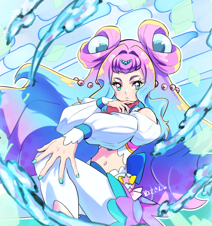 1girl blue_background blue_hair blue_nails cure_la_mer double_bun fingernails green_eyes hair_intakes hair_ornament heart heart_in_eye highres laura_(precure) layered_skirt long_hair looking_at_viewer magical_girl midriff multicolored multicolored_eyes multicolored_hair navel nukosann pantyhose parted_lips precure purple_eyes purple_hair serious signature skirt solo symbol_in_eye tropical-rouge!_precure two-tone_hair water white_legwear white_sleeves