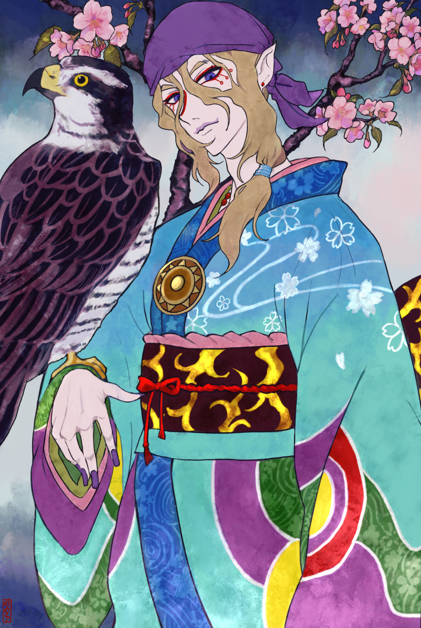 1boy bandana bird blue_eyes cherry_blossoms cross_shark facepaint falcon hair_between_eyes highres japanese_clothes kimono kusuriuri_(mononoke) light_brown_hair long_hair makeup male_focus mononoke obi outdoors pale_skin pointy_ears purple_headwear purple_nails sash solo standing