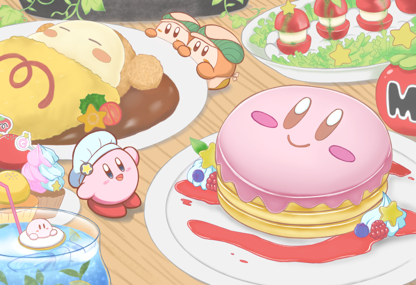 absurdres apron blue_eyes blueberry blush_stickers caprese_salad chef_hat cupcake curry curry_rice drink drinking_straw food fruit green_tea_ruru hat highres icing kirby kirby_(series) kirby_cafe looking_at_viewer maxim_tomato pancake raspberry rice smile star_(symbol) waddle_dee