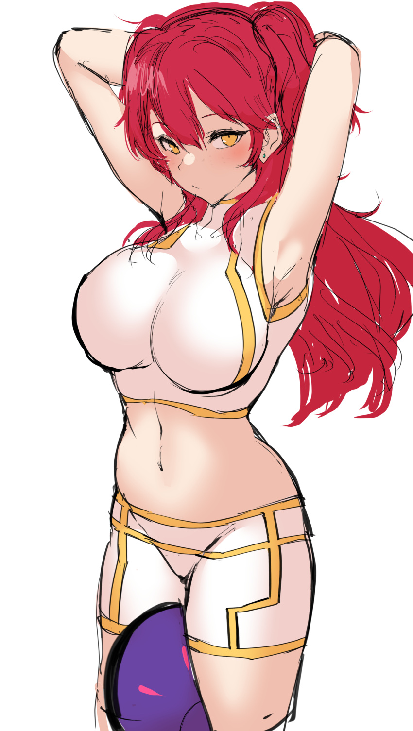 1girl absurdres agetama armband armpits arms_behind_head arms_up bad_haro bangs between_thighs breasts cowboy_shot crop_top eyebrows_visible_through_hair gold_trim gundam gundam_00 hair_between_eyes highres large_breasts long_hair looking_at_viewer midriff navel nena_trinity orange_eyes red_hair shiny shiny_hair shiny_skin shirt shorts sideboob sidelocks simple_background sketch sleeveless sleeveless_shirt solo swept_bangs two_side_up white_background white_shorts