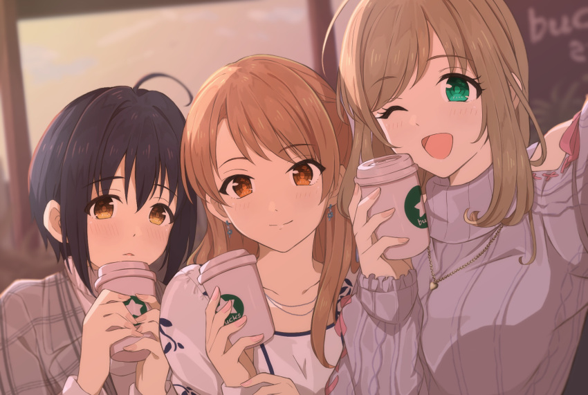 3girls ;d ahoge bangs black_hair blush breasts brown_eyes brown_hair collarbone commentary_request cup disposable_cup duffy earrings eyebrows_visible_through_hair green_eyes hair_intakes highres holding holding_cup houjou_karen idolmaster idolmaster_cinderella_girls jewelry kohinata_miho large_breasts long_hair long_sleeves looking_at_viewer multiple_girls necklace one_eye_closed open_mouth ribbed_sweater satou_shin short_hair smile sweater turtleneck turtleneck_sweater