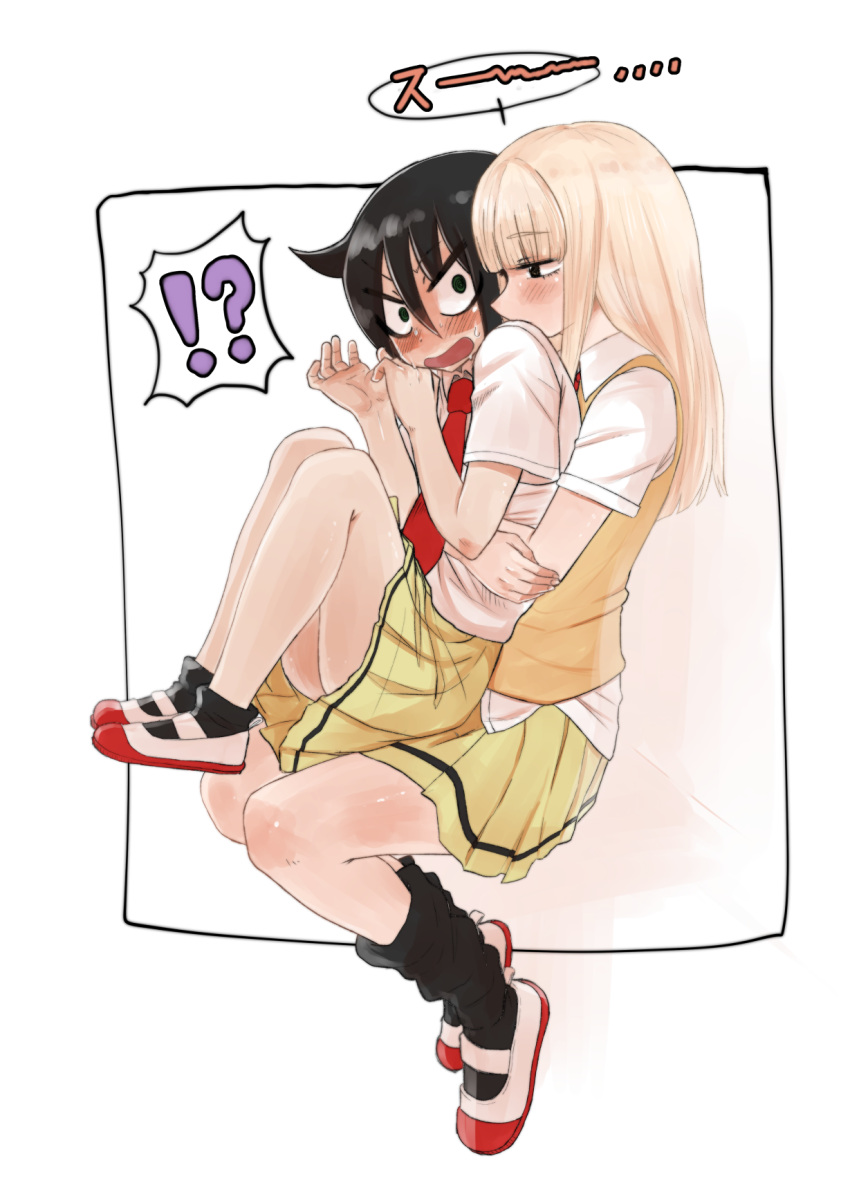 !? 2girls black_hair black_legwear blonde_hair blush collared_shirt commentary_request from_side ganbachi hair_between_eyes hidden_mouth highres hug hug_from_behind katou_asuka kneehighs kuroki_tomoko long_hair multiple_girls necktie open_mouth pleated_skirt profile red_neckwear school_uniform shirt shoes short_sleeves single_stripe sitting sitting_on_lap sitting_on_person skirt socks spoken_interrobang sweat sweater_vest untucked_shirt uwabaki watashi_ga_motenai_no_wa_dou_kangaetemo_omaera_ga_warui! white_shirt yellow_skirt yuri