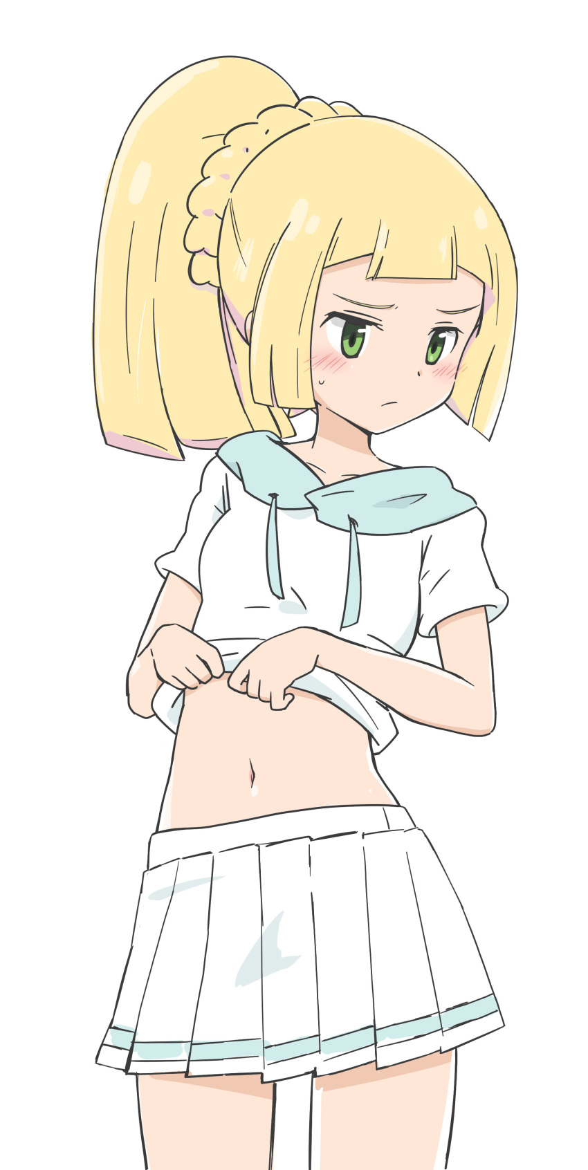 1girl absurdres bangs blonde_hair blush closed_mouth clothes_lift commentary_request cowboy_shot highres lifted_by_self lillie_(pokemon) long_hair nagitaro navel pleated_skirt pokemon pokemon_(game) pokemon_sm ponytail sailor_collar shirt shirt_lift short_sleeves simple_background skirt solo sweatdrop white_background white_shirt white_skirt