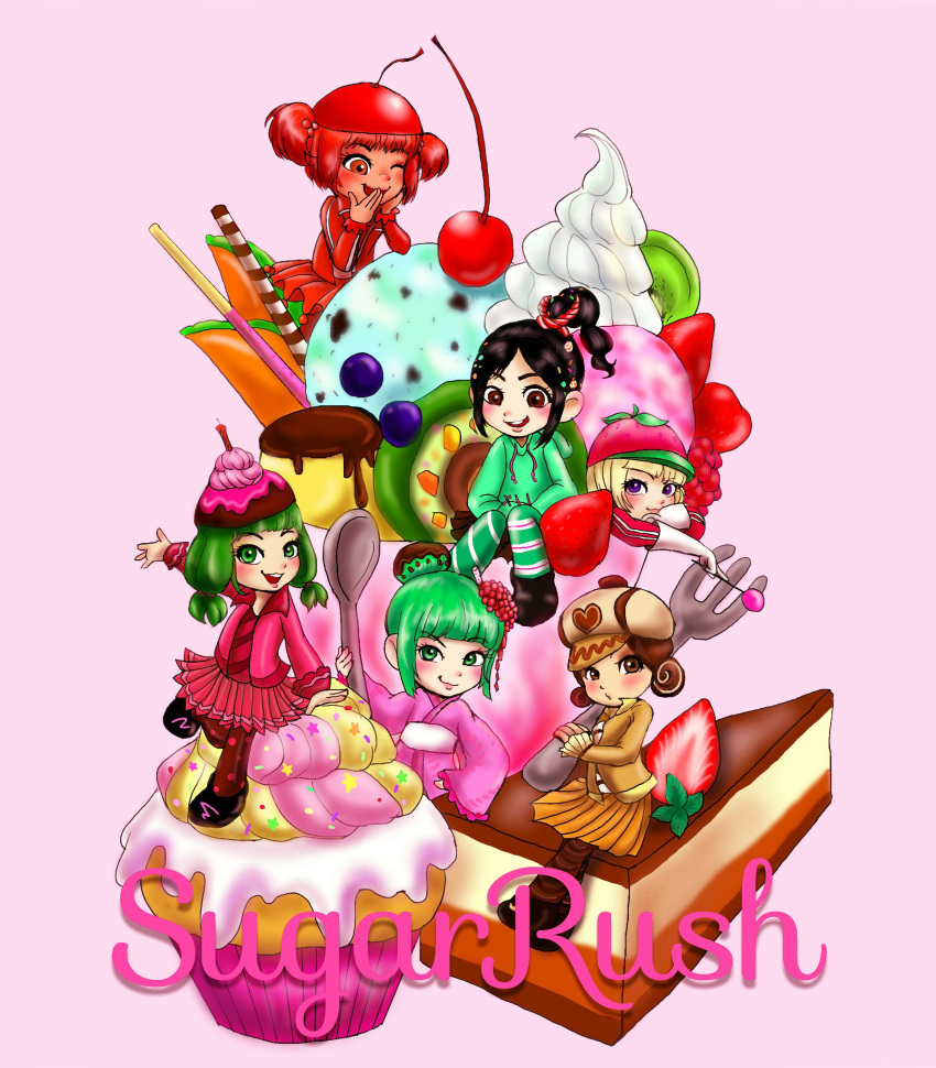 6+girls absurdres black_footwear black_hair boots brown_eyes brown_hair cake cake_hat candle candlehead candy candy_hair_ornament cherry cherry_hat child chocolate_drip climbing cone cream crumbelina_di_carmello cup cupcake disney double_bun food food-themed_hair_ornament fork fruit gloves green_eyes green_hair hair_bun hair_ornament happy-yotsubanokuro-ba-678 highres holding holding_candy holding_food holding_lollipop hood hoodie ice_cream ice_cream_cone jacket japanese_clothes jubileena_bing-bing kimono kiwi_slice leggings lollipop low_twintails minigirl mint minty_sakura multiple_girls pantyhose petite platinum_blonde_hair pocki ponytail pudding purple_eyes red_eyes red_hair short_twintails sitting skirt smile spoon sprinkles stitches strawberry strawberry_hat taffyta_muttonfudge tan tiramisu twintails vanellope_von_schweetz whipped_cream wreck-it_ralph