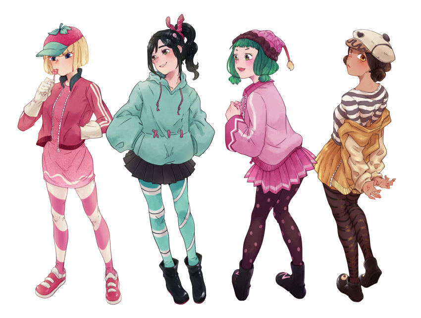 4girls alternate_height baggy_clothes bangs beanie black_footwear black_hair blonde_hair bob_cut boots breasts brown_hair cake_hat candlehead candy candy_hair_ornament cap child crumbelina_di_carmello double_bun dress eating food food-themed_hair_ornament from_behind gloves gold_jacket green_hair green_hoodie hair_ornament hands_in_pockets hat highres hood hoodie jacket licorice_(food) lollipop looking_at_another low_twintails miniskirt multiple_girls pantyhose pink_dress pink_footwear pink_jacket pleated_skirt polka_dot polka_dot_legwear ponytail removing_jacket shinoharatotsuki shirt short_hair skirt smile stitches straight_hair strawberry_hat striped striped_legwear striped_shirt taffyta_muttonfudge twintails vanellope_von_schweetz