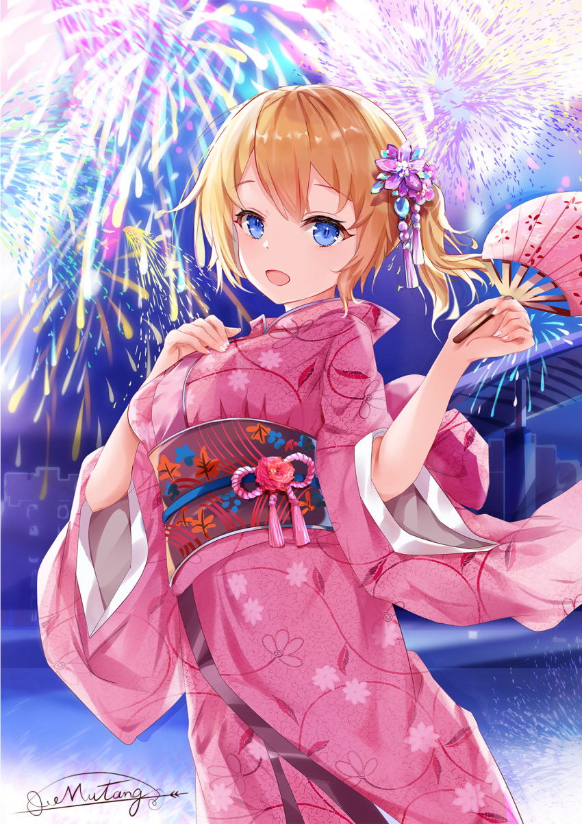 1girl :d aerial_fireworks bangs blonde_hair blue_eyes breasts commentary_request eyebrows_visible_through_hair fan fireworks floral_print flower hair_flower hair_ornament hand_on_own_chest hands_up highres holding holding_fan japanese_clothes kimono long_sleeves looking_at_viewer medium_breasts mutang nail_polish night obi open_mouth original outdoors pink_kimono print_kimono sash short_hair side_ponytail signature smile solo standing white_nails wide_sleeves yukata