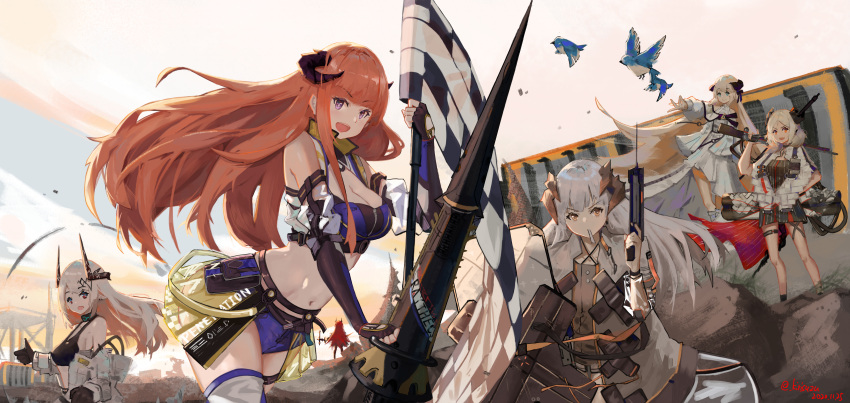 6+girls absurdres airnery arknights bagpipe_(arknights) bagpipe_(queen_no._1)_(arknights) bare_legs bare_shoulders belt_pouch bird black_dress black_gloves black_horns black_tank_top blonde_hair blue_bird blue_eyes blue_shorts bodysuit breasts checkered checkered_flag cleavage cleavage_cutout closed_mouth clothing_cutout coat commentary_request crop_top dated day debris detached_sleeves dragon_horns dress eyebrows_visible_through_hair fingerless_gloves flag flamethrower gloves hair_ornament hand_on_hip hand_up highres holding holding_flag holding_lance holding_polearm holding_shield holding_weapon horn_ornament horn_ribbon horns huge_filesize ifrit_(arknights) in_mouth infection_monitor_(arknights) lance large_breasts long_hair looking_at_viewer medium_breasts midriff mudrock_(arknights) multiple_girls navel nightingale_(arknights) open_bodysuit open_mouth orange_eyes orange_hair outdoors polearm pouch purple_eyes red_hair ribbon saria_(arknights) see-through_skirt shield short_shorts shorts silver_hair skirt sky standing surtr_(arknights) syringe_gun tank_top thigh_strap thighhighs thumbs_up twitter_username upper_teeth v-shaped_eyebrows very_long_hair weapon white_bodysuit white_coat white_dress white_hair