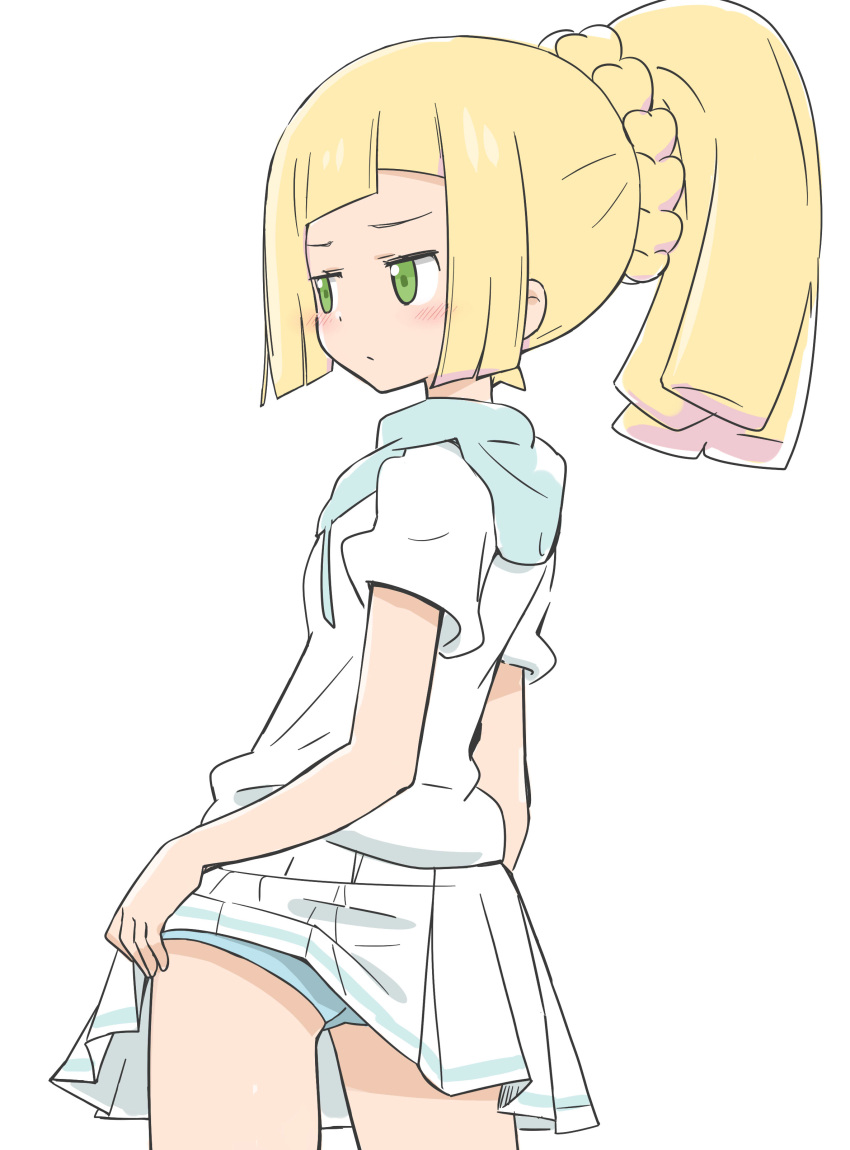 1girl absurdres blonde_hair blush braid closed_mouth clothes_lift commentary_request cowboy_shot french_braid from_behind green_eyes high_ponytail highres lifted_by_self lillie_(pokemon) long_hair nagitaro panties pantyshot pleated_skirt pokemon pokemon_(game) pokemon_sm shirt short_sleeves simple_background skirt skirt_lift solo underwear white_background white_shirt white_skirt