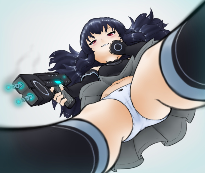 1girl alloyrabbit black_gloves black_hair black_legwear breasts eyebrows_visible_through_hair flat_chest from_below giant giantess gloves highres long_hair looking_at_viewer neptune_(series) panties red_eyes smile solo thighhighs twintails underwear uni_(neptune_series) white_panties