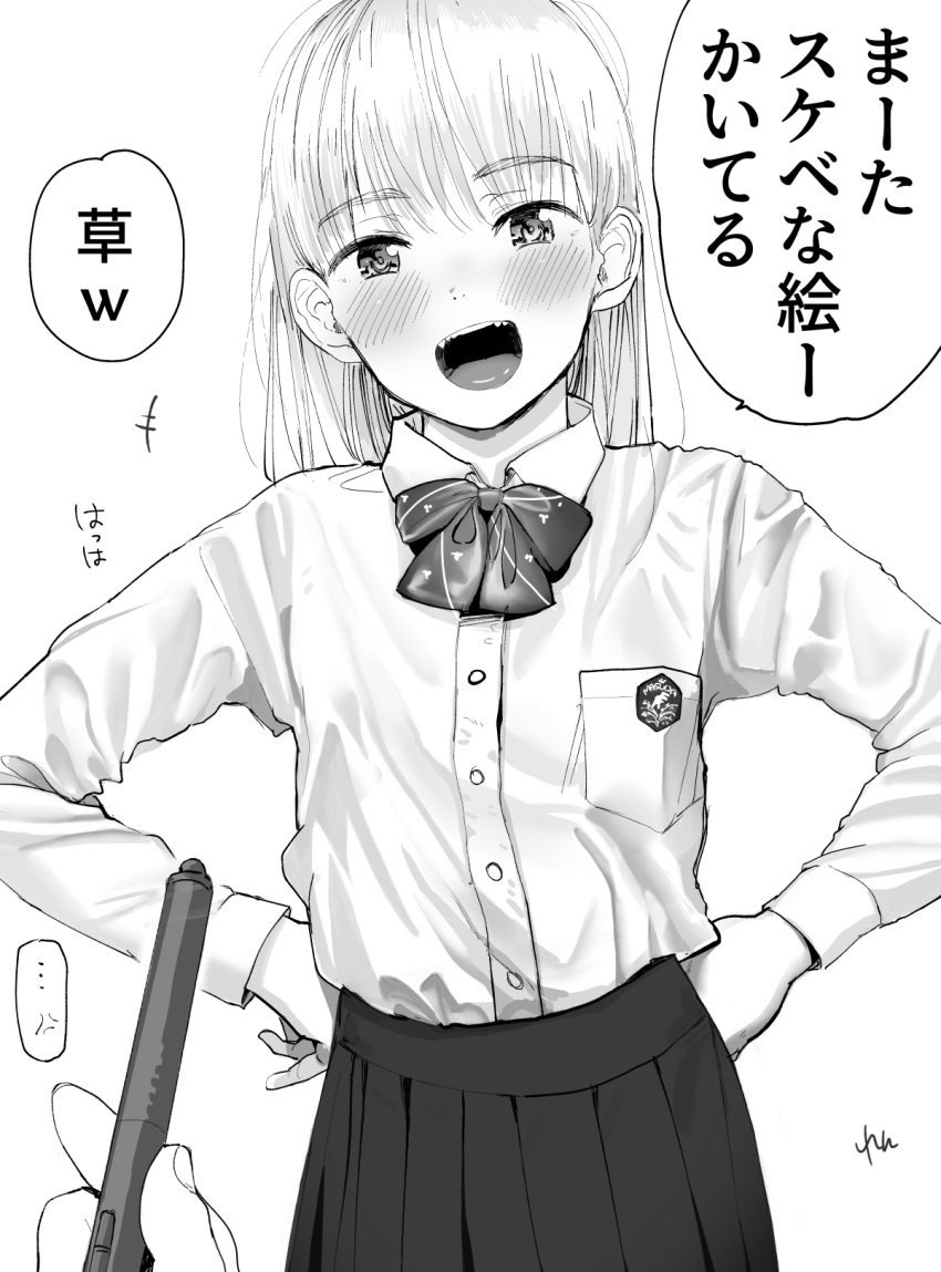 ... 1girl 1other :d anger_vein banned_artist blush bow bowtie breast_pocket collared_shirt eyebrows_visible_through_hair greyscale hands_on_hips highres holding holding_pen long_sleeves looking_at_viewer masuda_(yousaytwosin) monochrome open_mouth original pen pleated_skirt pocket pov pov_hands school_uniform shirt signature simple_background skirt smile solo_focus spoken_anger_vein spoken_ellipsis translation_request white_background wing_collar