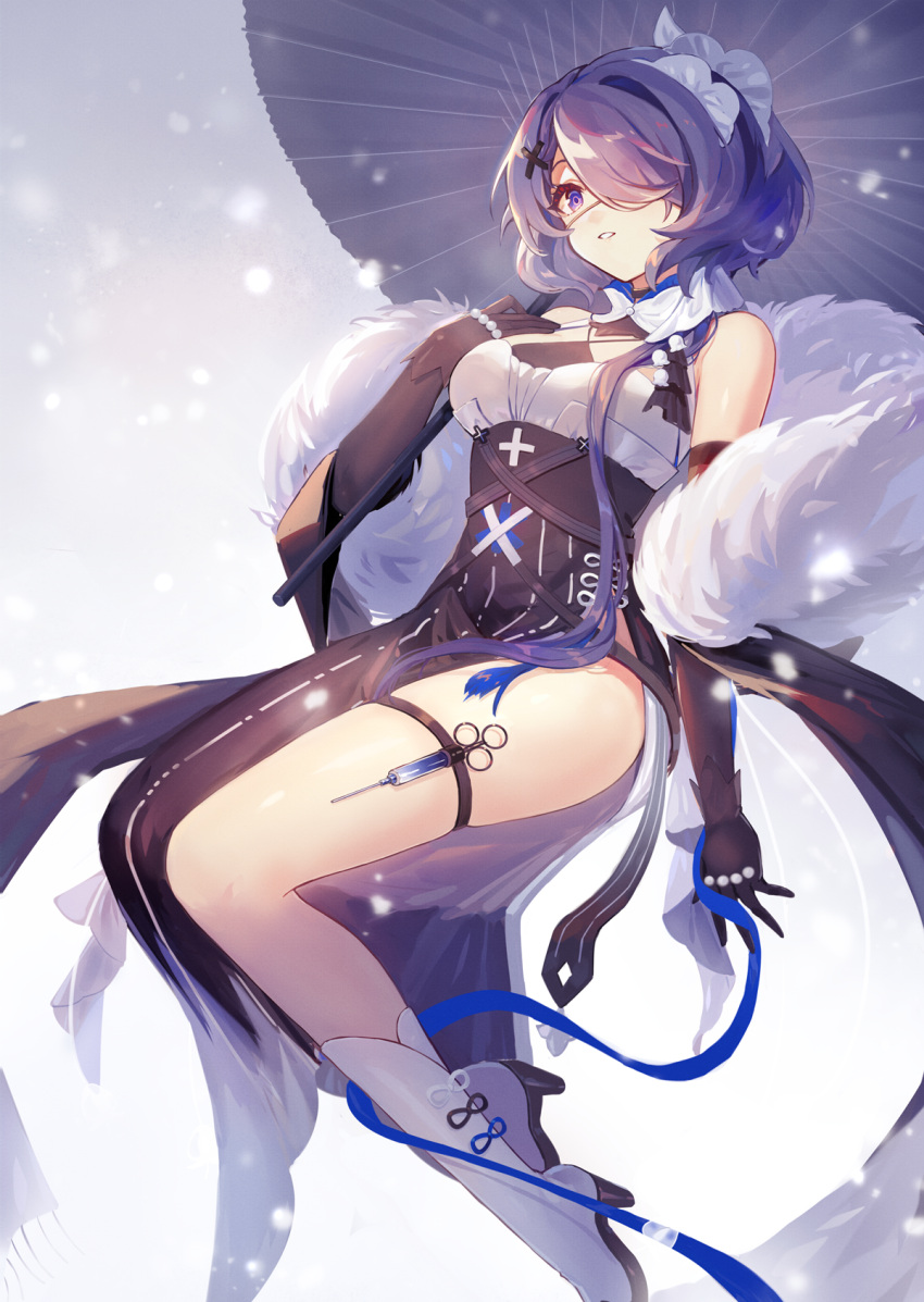 1girl arknights bangs bare_shoulders black_dress black_gloves black_sleeves boots breasts detached_sleeves dress eyepatch gloves hair_ornament hair_over_one_eye hand_on_own_chest highres long_sleeves medical_eyepatch parted_lips puffy_long_sleeves puffy_sleeves purple_eyes sharlorc short_hair solo syringe whisperain_(arknights) white_footwear white_headwear x_hair_ornament